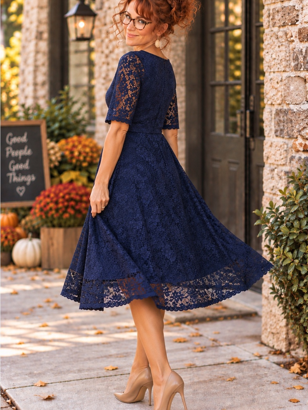 Navy Blue Floral Lace Fit & Flare Midi Dress Half Sleeve